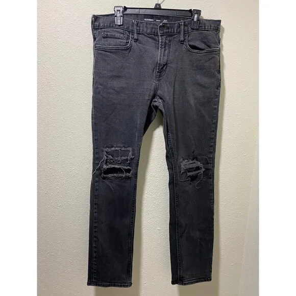 Old Navy Slim BuiltIn Flex Jeans Mens 34x32 Washed Black Distressed Ripped Knees - Picture 7 of 13